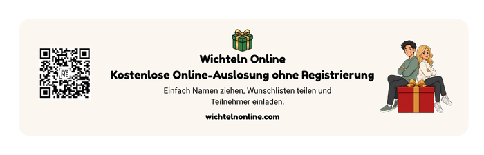 Kompakter WichtelnOnline-Banner mit Geschenk, Paar und QR-Code